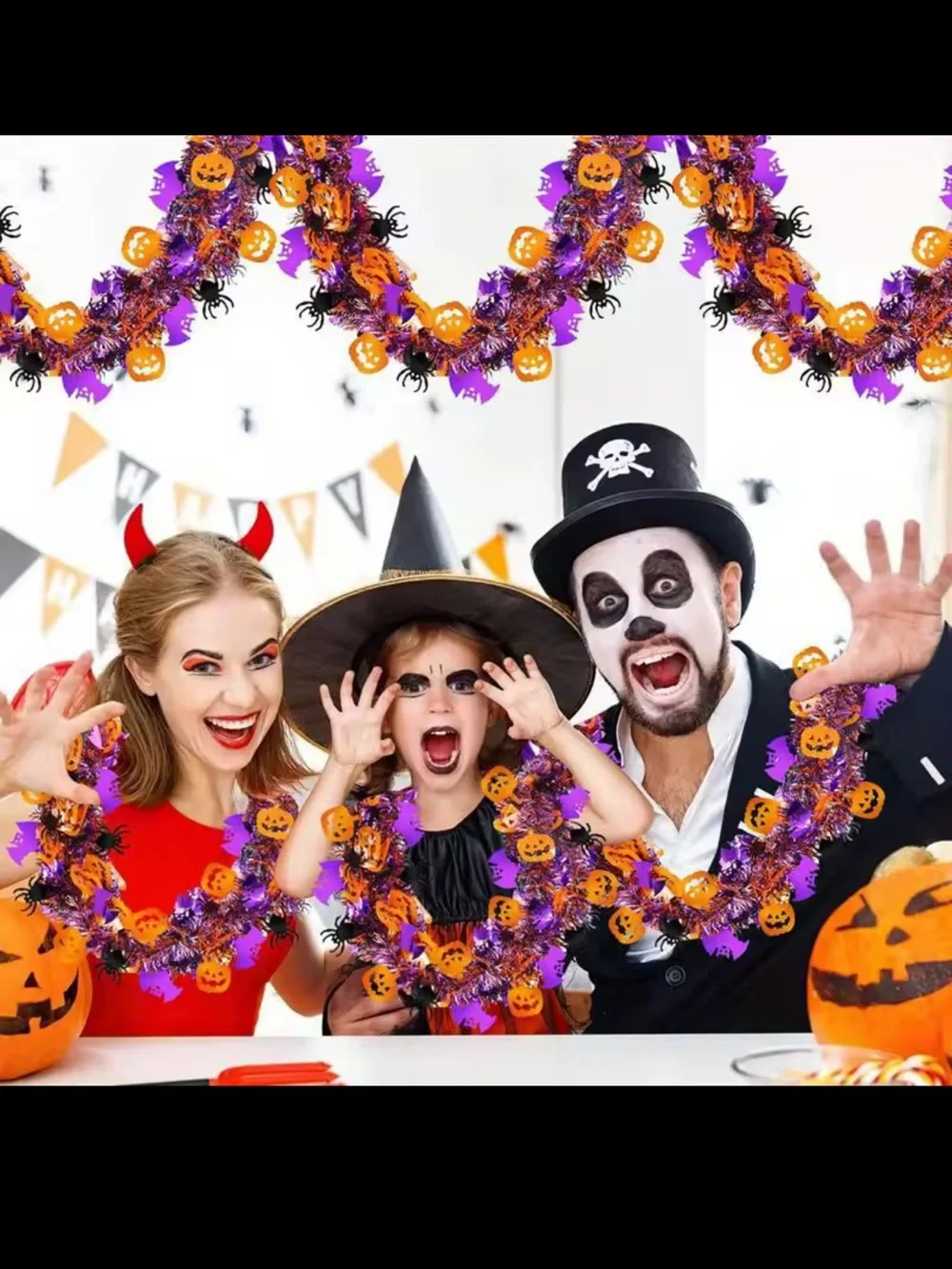 Halloween Tinsel Garland with Orange, Purple & Black Accents